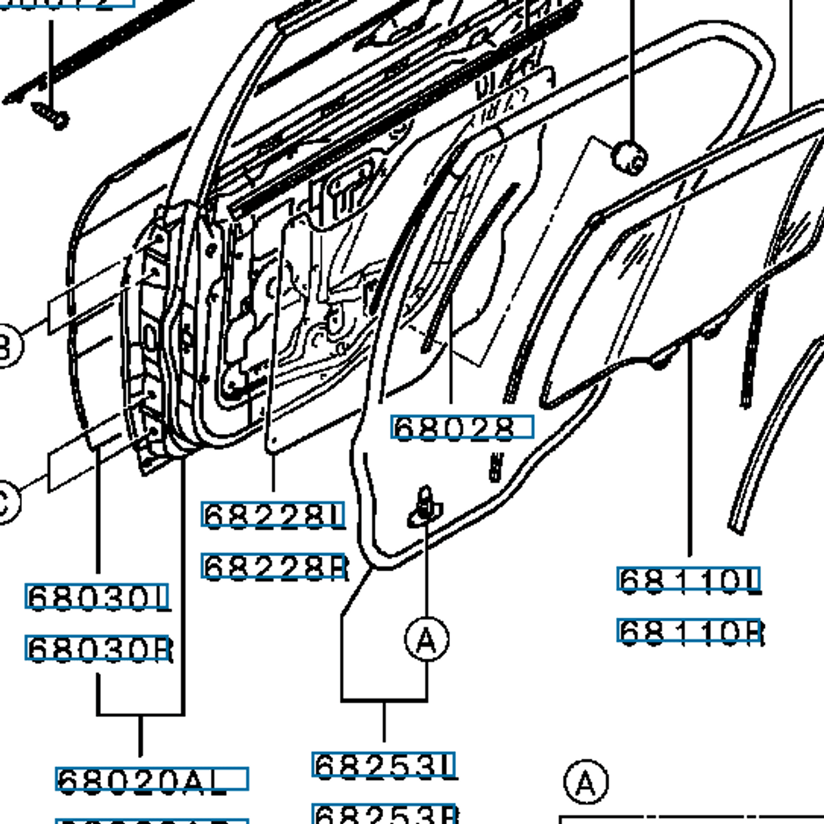 Tetningslist, venstre dør bak, EVO 4-6, (68253L), MR341103