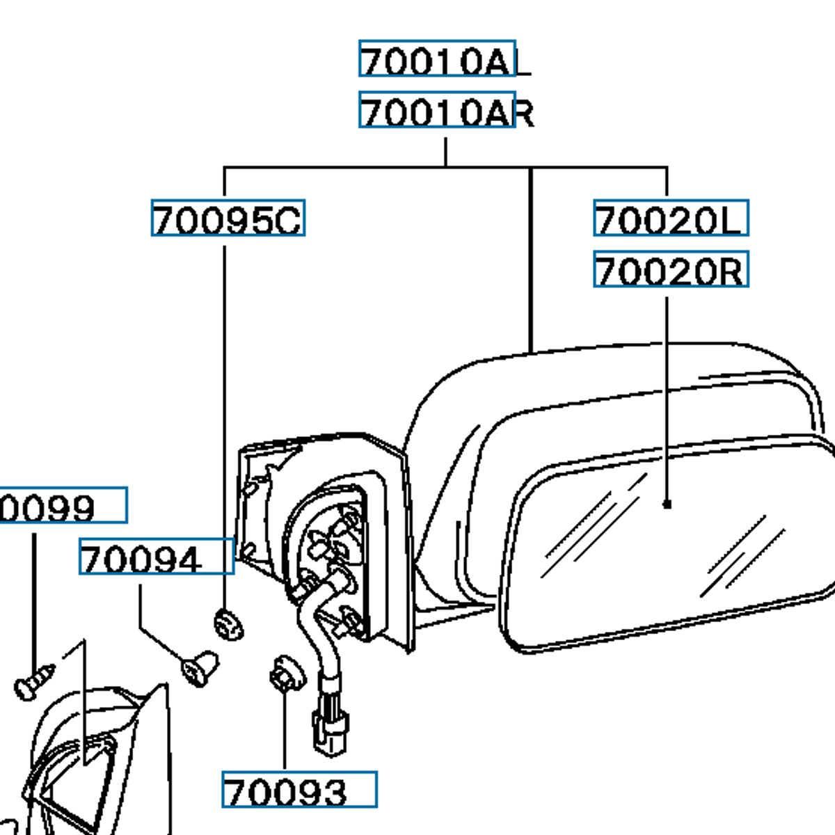 Mirror & Holder, Door RH, OEM Mitsubishi Evo 4-6, MR275332 (70020AR)