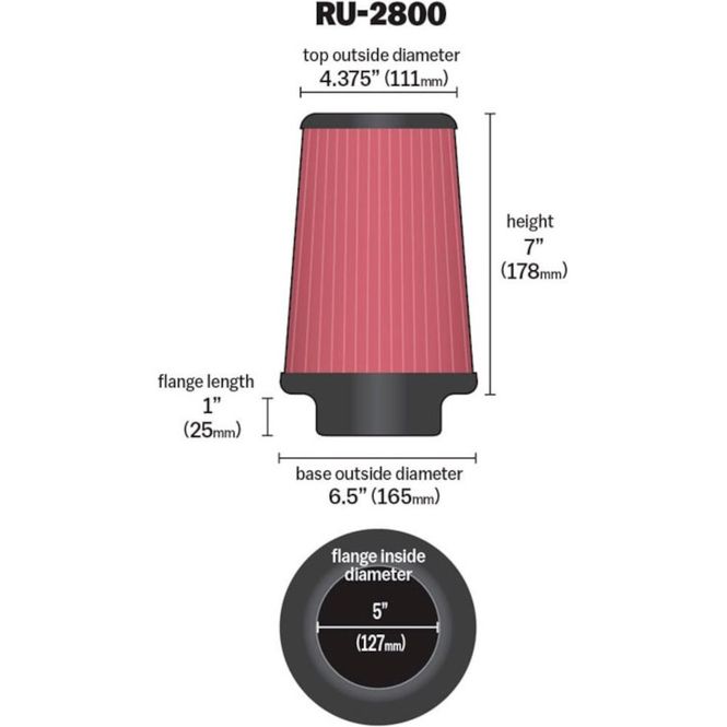 Hovedbilde Luftfilter, K&N Universal 127mm, Ø165-111mm, H178mm, KNRU-2800