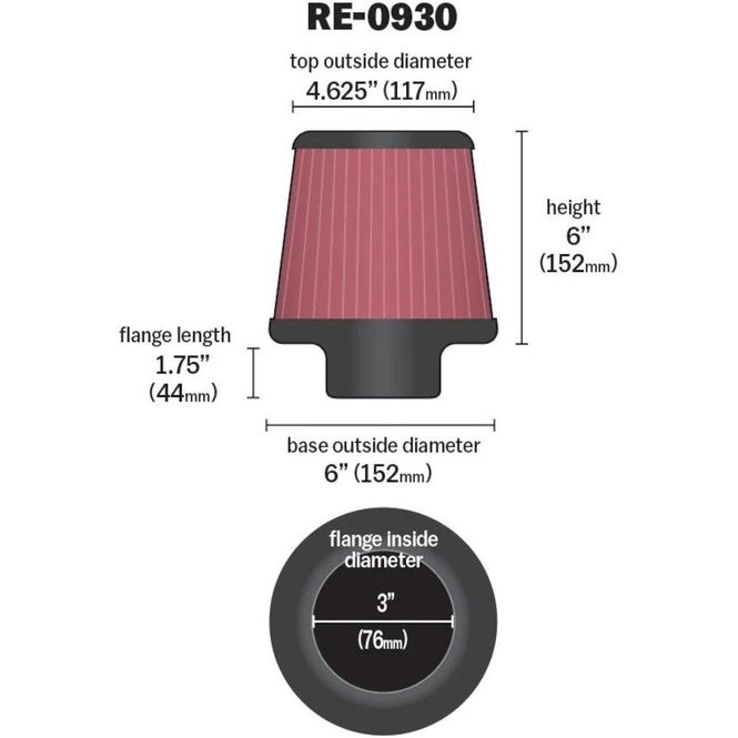 Hovedbilde Luftfilter, K&N Universal 76mm, Ø152-117mm, H152mm, KNRE-0930